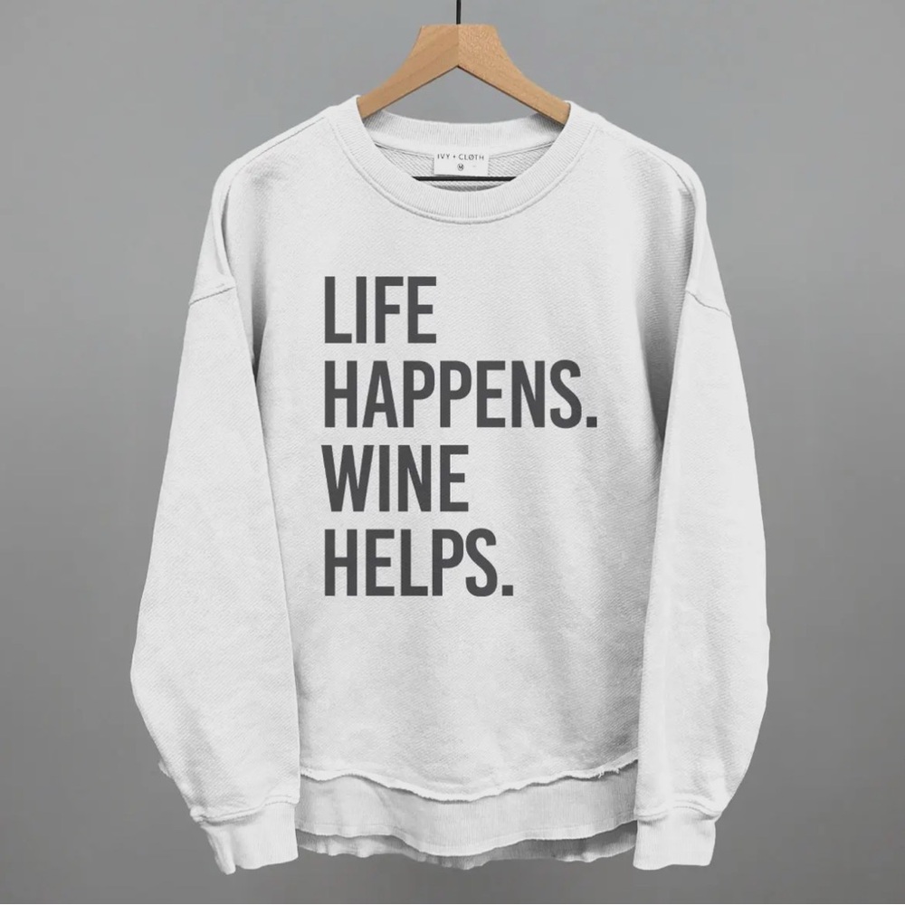 Oversized Terry Poncho with “Life Happens Wine Helps”.